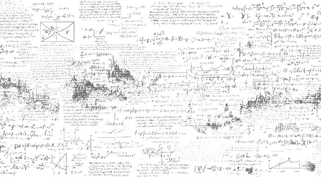 Handwritten mathematical formulas and diagrams on a white background with a distressed texture mathematics