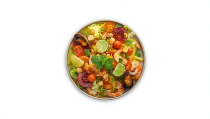 Seafood papaya salad in Thai style, isolated on a white background with clipping path