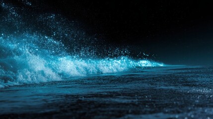 glowing bioluminescent ocean wave crashing on dark beach at night, sparkling blue light in water, magical marine phenomenon under starry sky