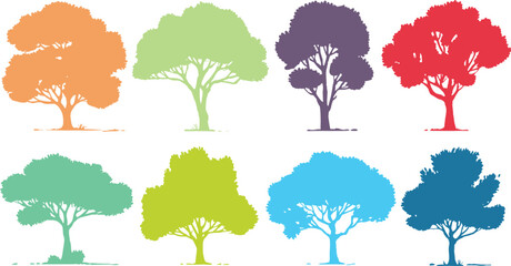 Naklejka premium Eight colorful tree silhouettes in a grid pattern orange green purple red teal yellow blue dark blue
