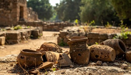 Scattered fragments of ancient pottery with faded decorative patterns signifying historical ruin excavation in outdoor setting