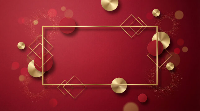 Elegant Gold Rectangle Frame on Red Background with Geometric Shapes and Circles