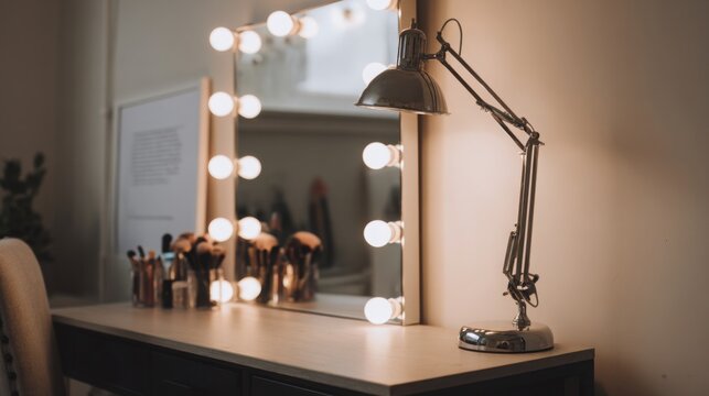 lighted dressing mirror with bulbs and a metal desk lamp on a vanity table, clean minimalist home studio setup, soft neutral background, organized