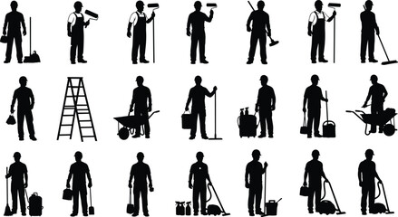 Silhouette workers with construction tools, cleaning equipment, teamwork labor force, industrial maintenance