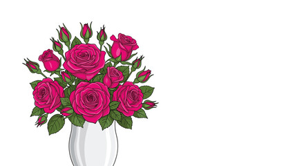 Obraz premium Lush bouquet of vibrant pink roses with buds and green leaves arranged in a classic white ceramic vase on white background.