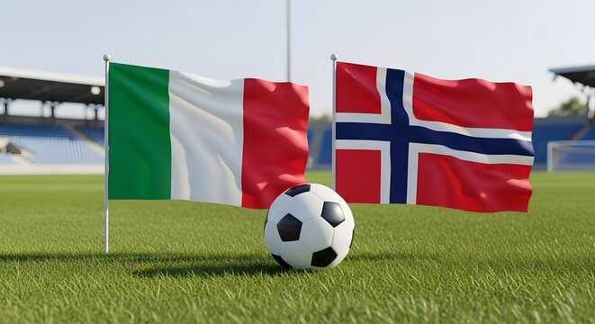 Italian and norwegian flags with a soccer ball on a green field