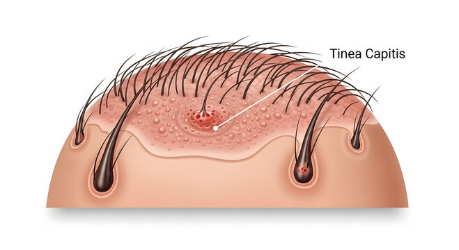An illustration of a scalp affected by Tinea Capitis, a fungal infection causing redness and inflammation.