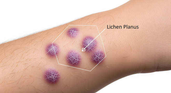A medical illustration of Lichen Planus skin lesions on a person's arm