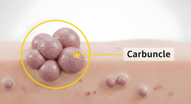 A medical illustration of a carbuncle on human skin with a yellow circle highlighting the infected area
