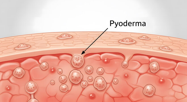 A medical illustration of pyoderma skin condition with detailed anatomy