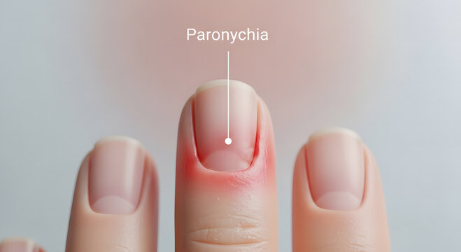 A close-up image of fingers showing a medical condition known as Paronychia