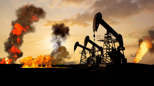 Oil pump jacks silhouettes against massive explosion and fire at oil field from missiles during the war with Iran dramatic 3D render concept