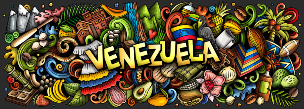 Colorful cartoon doodle vector illustration of Venezuela with cultural icons, nature, food, national clothing, and tropical elements. Funny Venezuelan whimsical banner design in a vibrant, playful sty