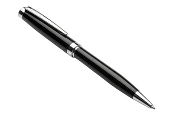 Elegant black retractable ballpoint pen with silver accents isolated on transparent background,png,PNG