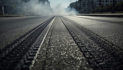 Plakat Sight of two scorched black tire marks left by a fast-exiting car