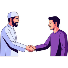 Fototapeta premium Two men from different cultures shaking hands in a gesture of friendship and mutual respect indoors.