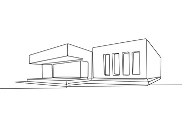 Minimalist line drawing of a modern geometric house with a flat roof