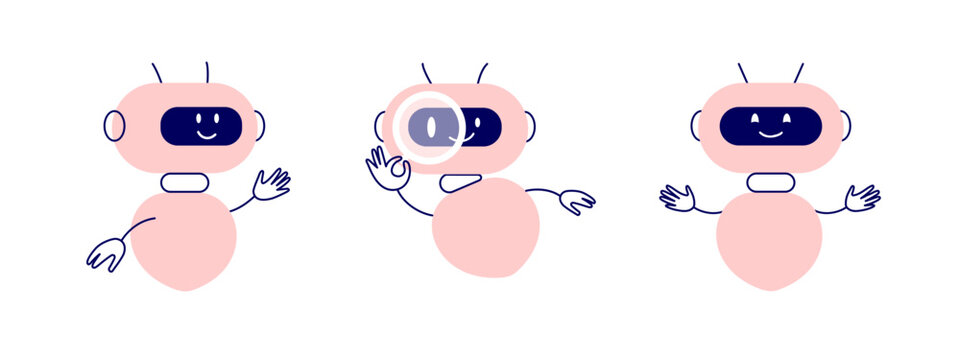Set of android robots. Abstract ai character in different positive emotions. Cute chatbot robot smiling, searching, showing. Virtual assistant vector illustration. Artificial intelligence technology  