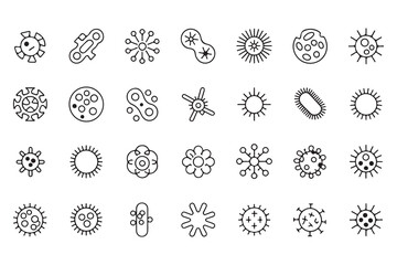 Collection of diverse bacteria, virus, and microorganism line art icons, representing microbiology, disease, health, and biological research.