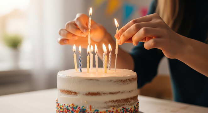 Woman lighting candles on a semi-naked birthday cake with colorful sprinkles on a table indoors.