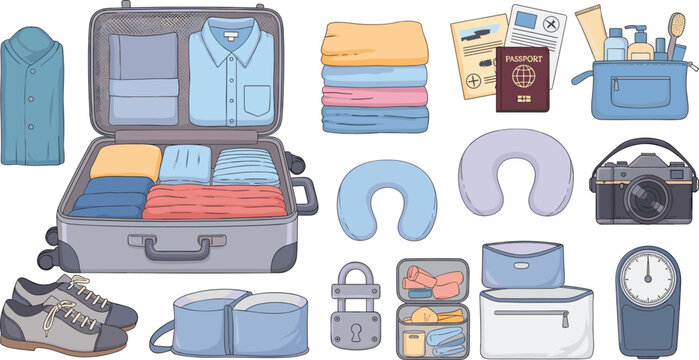 Travel packing essentials collection with open suitcase, folded clothes, passport documents, camera, toiletries, neck pillow and luggage accessories vector set