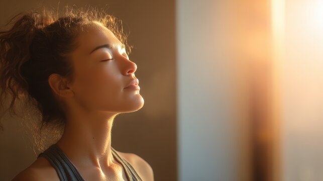 woman practicing mindful breathing with eyes closed near a window in warm sunlight, soft glowing background, calm wellness and stress relief concept