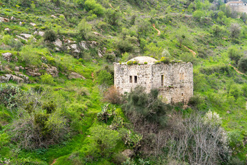 Fototapeta premium Abandoned village of Lifta near Jerusalem in early spring, old stone houses on a green mountain slope.Israel.