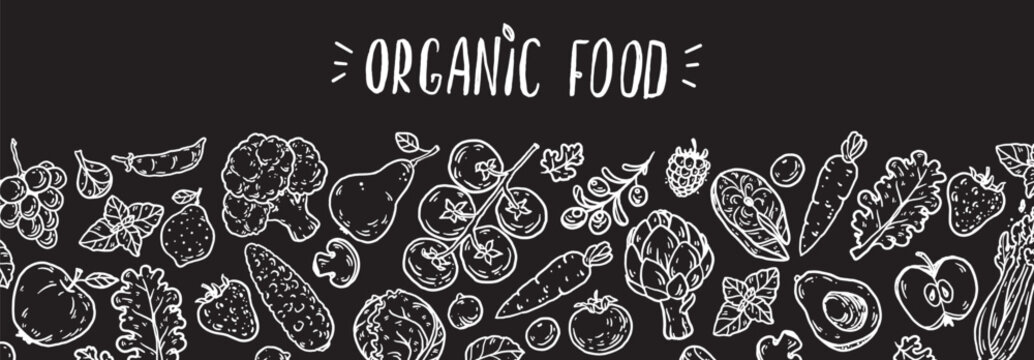 Organic food sketch doodles . Fruits and vegetables. Whimsical food doodles. Hand drawn vector illustration for menu, packaging design. Simple sketch style. Top view. Chalkboard style