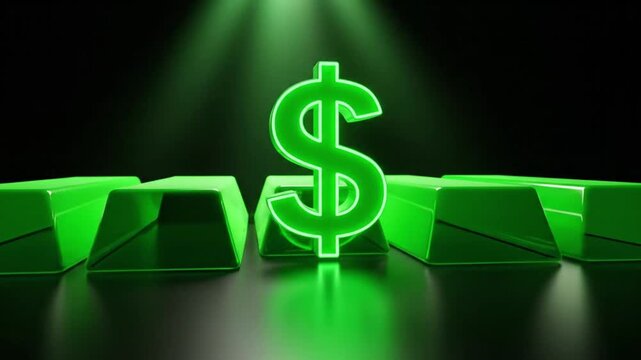 Neon Green Dollar Sign and Bullion Bars Financial Concept