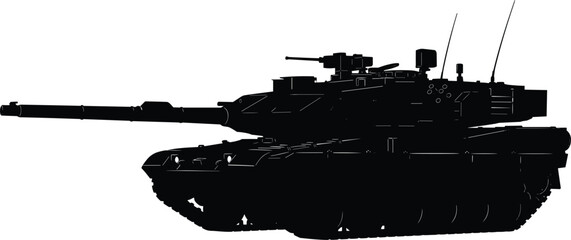 Black silhouette illustration of modern main battle tank with long barrel gun, turret equipment, antennas, and caterpillar tracks highlighting armored combat vehicle design features. © MstNur