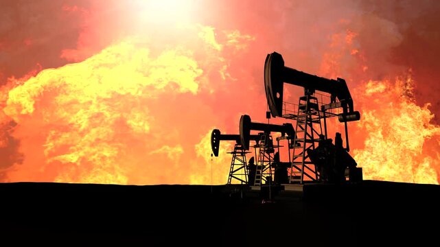 Oil pump jacks silhouettes against massive explosion and fire at oil field from missiles during the war with Iran dramatic 3D render concept