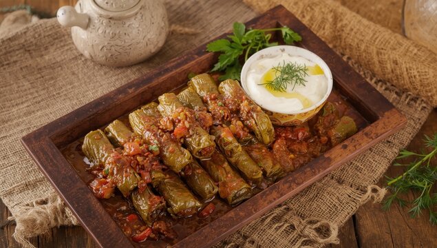 Stuffed grape leaves with sauce and seasoning on the platter