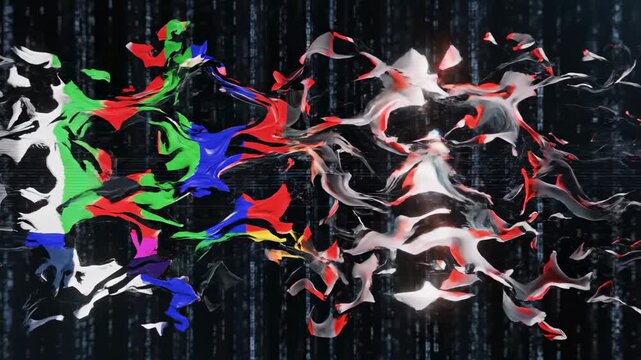 Video of abstract RGB glitch distortion sweeping across screen, futuristic data error effect, electronic interference backdrop, technology branding transition design.