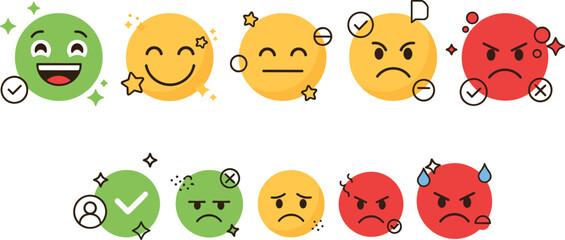 Fototapeta premium Customer feedback emoji rating set with happy neutral and angry faces satisfaction review concept vector illustration