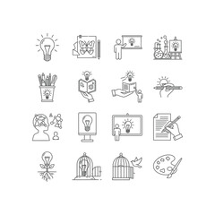 Fototapeta premium A collection of black and white icons representing ideas and creativity