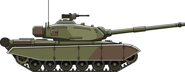 Side view illustration of modern military battle tank with camouflage paint, long barrel gun, turret weapon, armor plating, and tracked wheel system for combat design. © MstNur