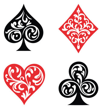 Decorative playing card suits vector set, elegant spade, heart, diamond, and club icons with intricate baroque floral scrollwork, perfect for casino branding, card games, and luxury gaming visuals.