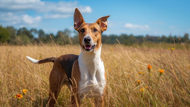 Surprised German shorthaired pointer stands in a field