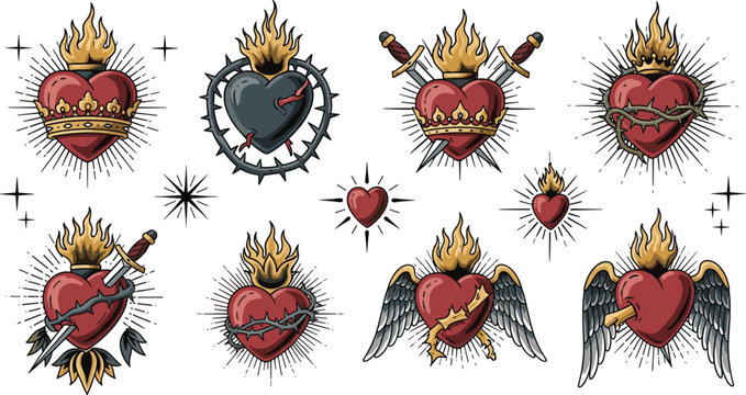 Sacred heart tattoo set with flames crown sword wings and barbed wire traditional old school vector illustration