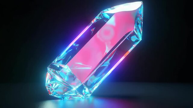 A vibrant, transparent crystal illuminated by neon blue and pink lights, set against a dark background. Perfect for concepts of energy, technology, fantasy, and modern design projects. game inventory