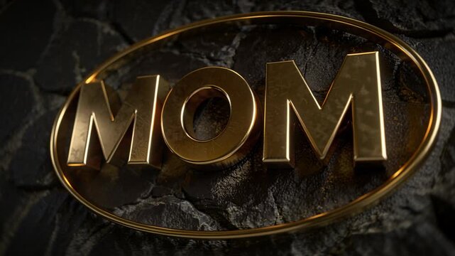 Shifting camera and light revealing gold MOM emblem with oval ring on cracked stone, showing wear