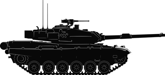 Black silhouette side view of modern military battle tank with long barrel gun, turret machine gun, antennas, armor plating, and tracked wheel system design. © MstNur