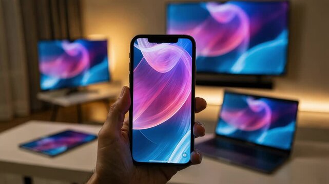 Phone displaying live streaming content with blurred tablet TV and laptop showcasing simultaneous synchronization in a connected ecosystem.