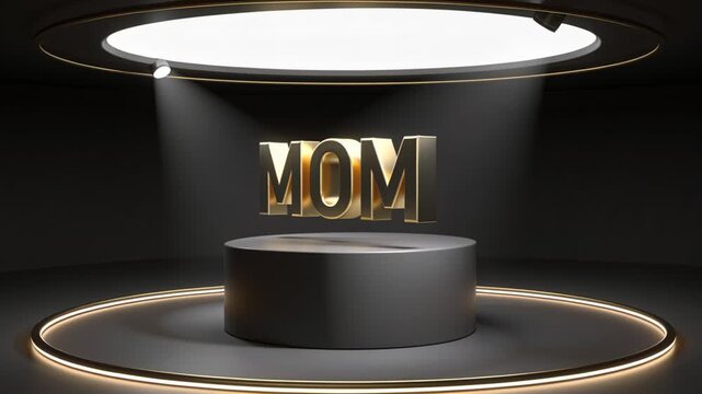 Rotating gold 3D MOM floating above podium on stage, beam shifting and ring showing metal shine