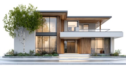 Fototapeta premium Modern Luxury Two-Story House with Large Windows and Lush Greenery.