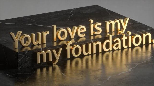 Camera pulling closer and lights shifting, gold 3D text enlarging on marble plinth for branding