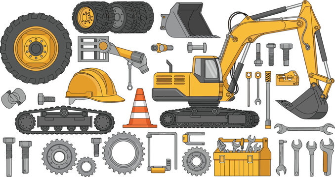 Construction Equipment and Tools Vector Set with Excavator Helmet Wrench Bolts Gears Tires Bucket and Industrial Machinery Parts Illustration