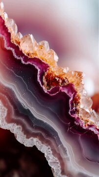 Stunning macro of agate geode slice with vibrant crystal layers, intricate textures, and rich colors, perfect for design and creative backgrounds