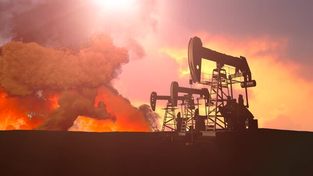 Oil pump jacks silhouettes against massive explosion and fire at oil field from missiles during the war with Iran dramatic 3D render concept
