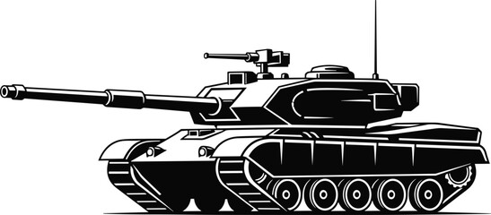 Black and white side view illustration of modern military battle tank with long barrel gun, turret machine gun, antenna, armored body, and continuous track system. © MstNur